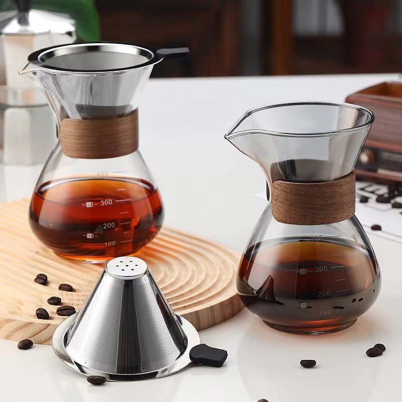 High Borosilicate Glass Hand Brew Coffee Pot – 304 Stainless Steel Filter Sharing Carafe for Home Use, 400ml