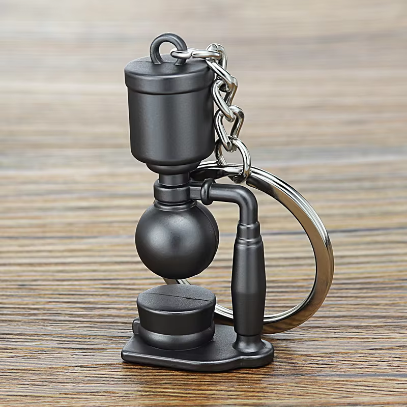 Laboratory Physics Coffee Machine Keychain – Black Pendant Keyring Inspired by Scientific Instruments