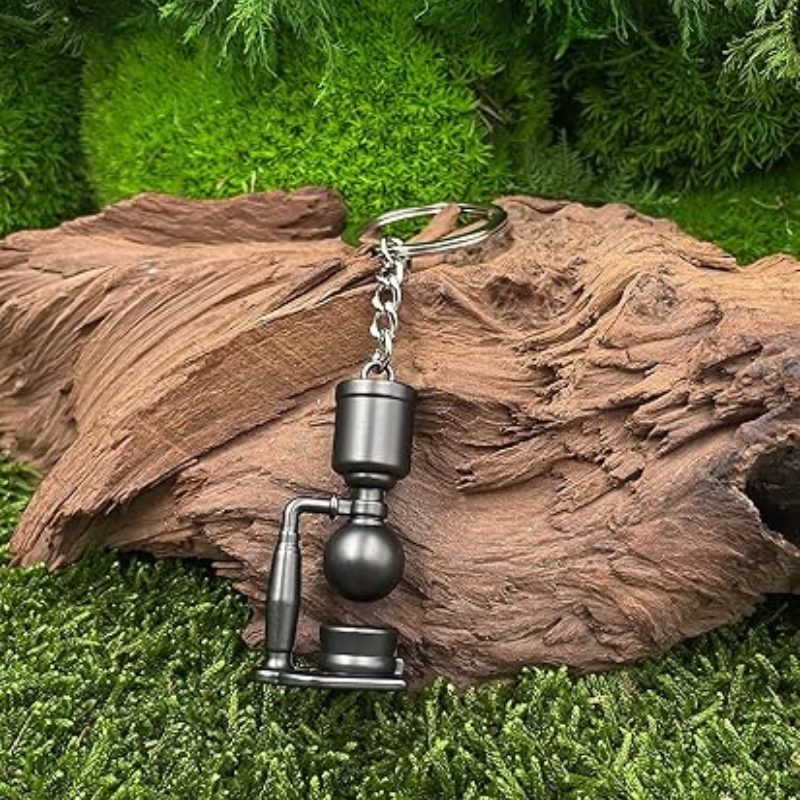 Laboratory Physics Coffee Machine Keychain – Black Pendant Keyring Inspired by Scientific Instruments