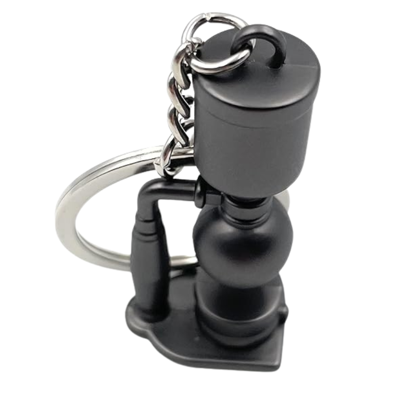 Laboratory Physics Coffee Machine Keychain – Black Pendant Keyring Inspired by Scientific Instruments