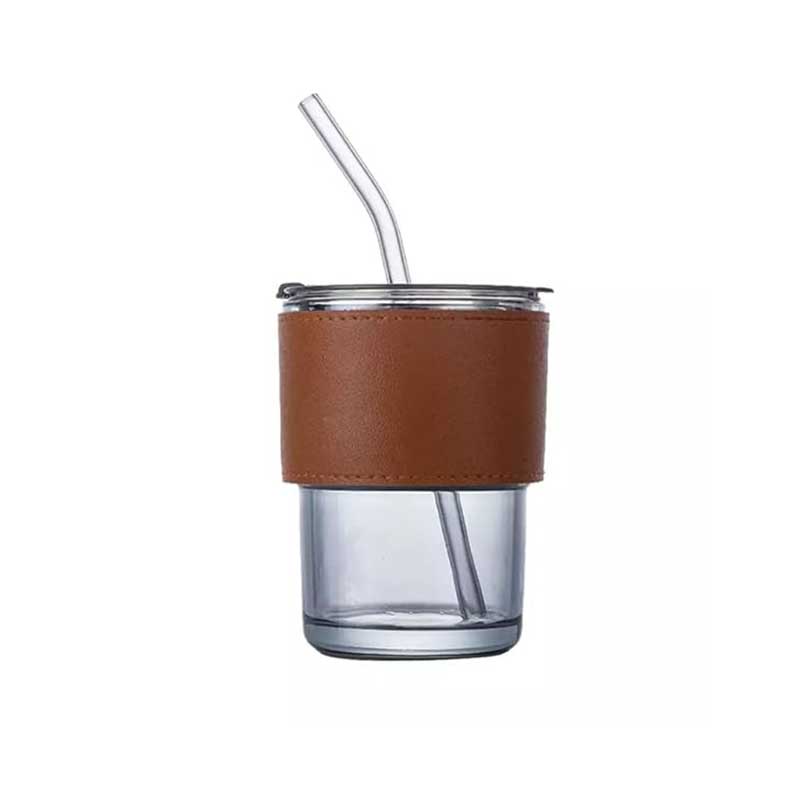 Leather Strap Glass Coffee Tumbler with Silicone Straw – Travel Sipper Mug with Leak-Proof Lid for Milk, Tea & Juice