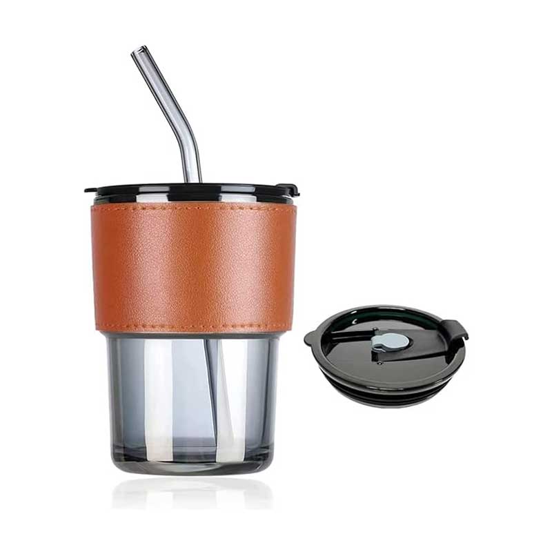 Leather Strap Glass Coffee Tumbler with Silicone Straw – Travel Sipper Mug with Leak-Proof Lid for Milk, Tea & Juice