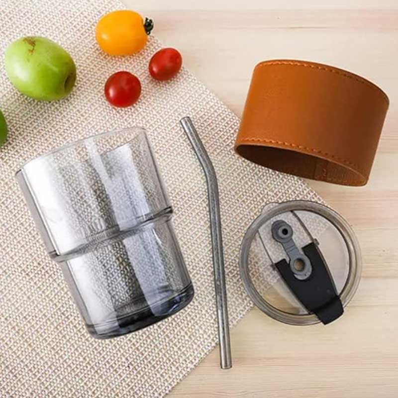 Leather Strap Glass Coffee Tumbler with Silicone Straw – Travel Sipper Mug with Leak-Proof Lid for Milk, Tea & Juice