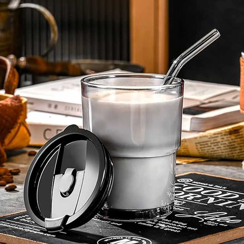 Leather Strap Glass Coffee Tumbler with Silicone Straw – Travel Sipper Mug with Leak-Proof Lid for Milk, Tea & Juice