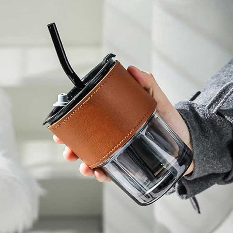 Leather Strap Glass Coffee Tumbler with Silicone Straw – Travel Sipper Mug with Leak-Proof Lid for Milk, Tea & Juice