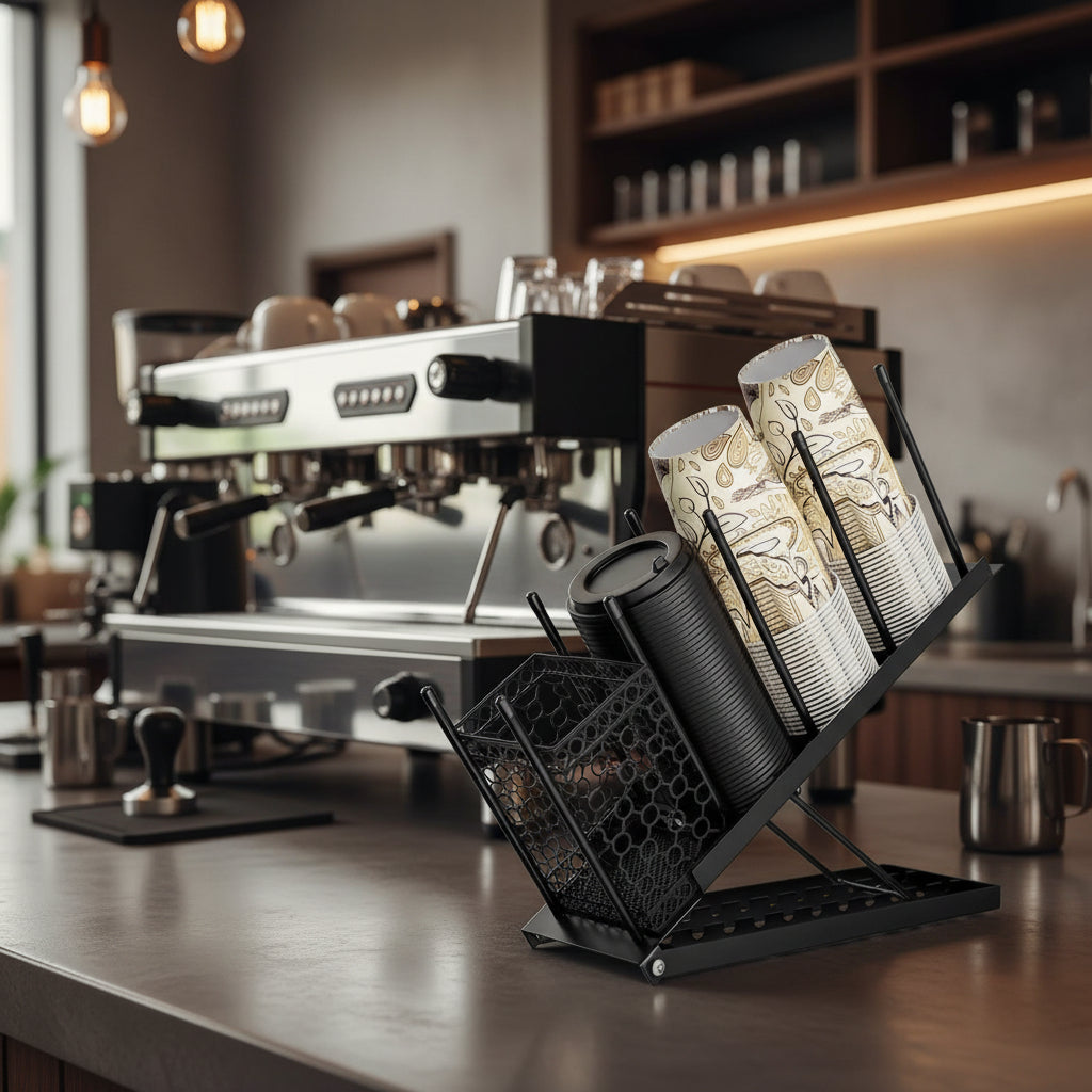 Metal Coffee Cup & Lid Holder with 4 Compartments