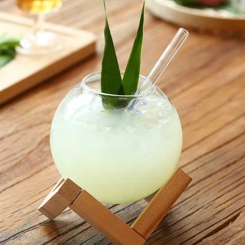 Moon Shaped Glass Cup with Straw and Wooden Base – Ideal for Milk, Ice Cream, and Desserts
