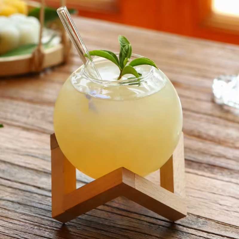 Moon Shaped Glass Cup with Straw and Wooden Base – Ideal for Milk, Ice Cream, and Desserts