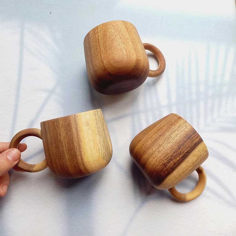 Natural Acacia Wood Tea and Coffee Cup – Handcrafted Wooden Mug with Handle from Vietnam