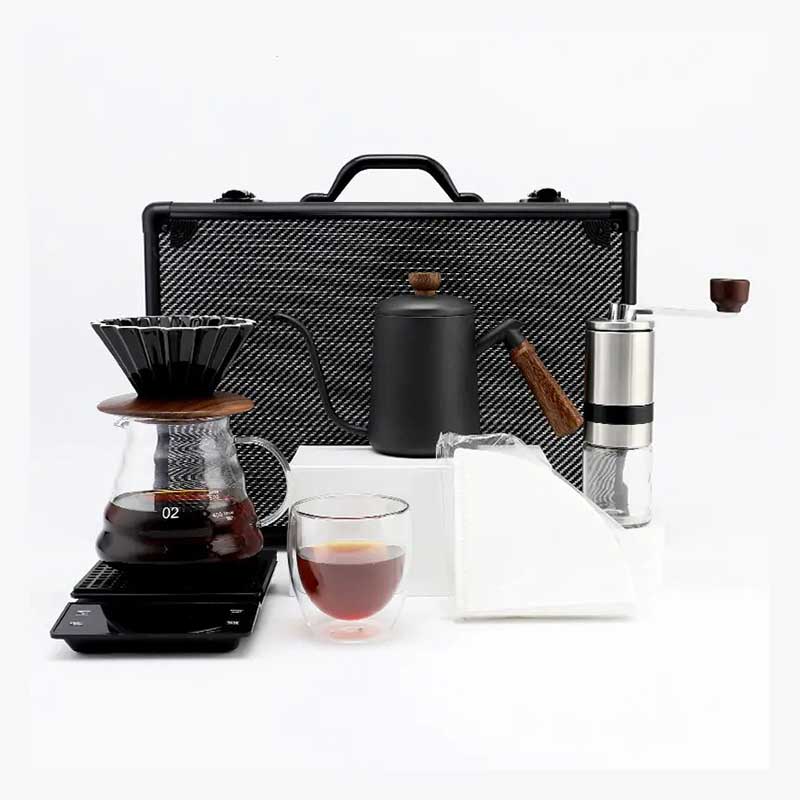 Premium Portable V60 Travel Coffee Set – Luxury Outdoor Brewing Kit with Grinder, Kettle, Dripper, Filter, Scale & Double-Wall Glass Cup