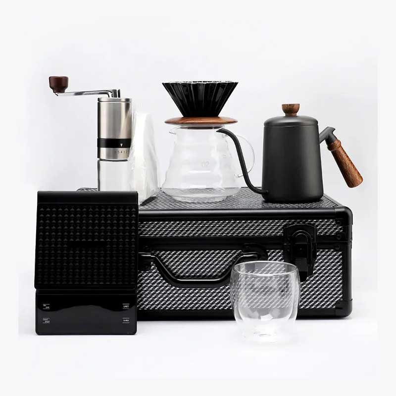 Premium Portable V60 Travel Coffee Set – Luxury Outdoor Brewing Kit with Grinder, Kettle, Dripper, Filter, Scale & Double-Wall Glass Cup