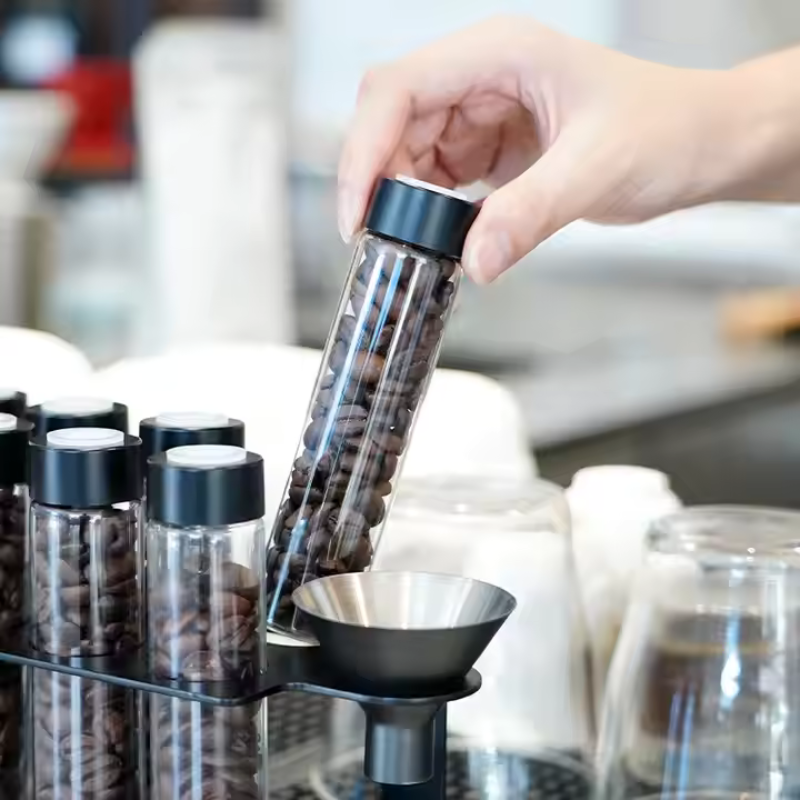 Premium Coffee Storage Tubes - Airtight Glass Containers with Freshness Valve & Wood Stand