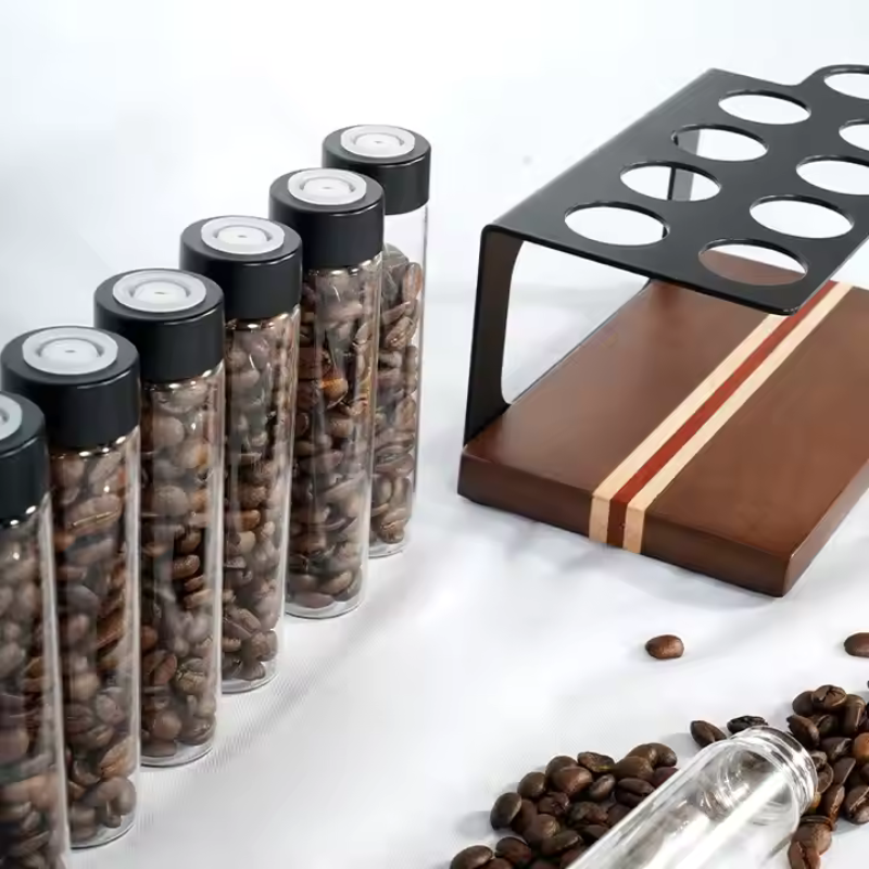 Premium Coffee Storage Tubes - Airtight Glass Containers with Freshness Valve & Wood Stand