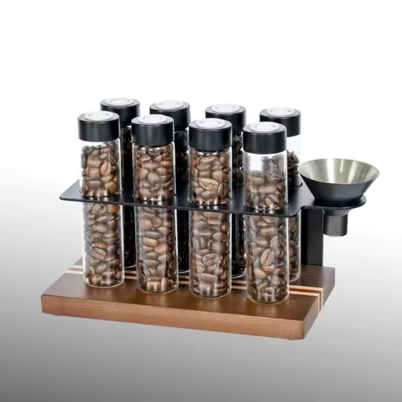 Premium Coffee Storage Tubes - Airtight Glass Containers with Freshness Valve & Wood Stand