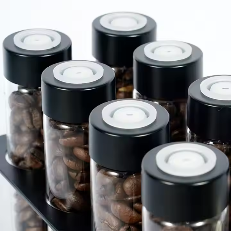 Premium Coffee Storage Tubes - Airtight Glass Containers with Freshness Valve & Wood Stand