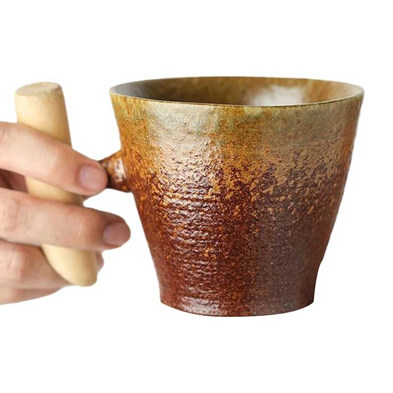 Retro Japanese Ceramic Mug with Wooden Handle – Kiln-Fired Pottery Coffee and Tea Cup