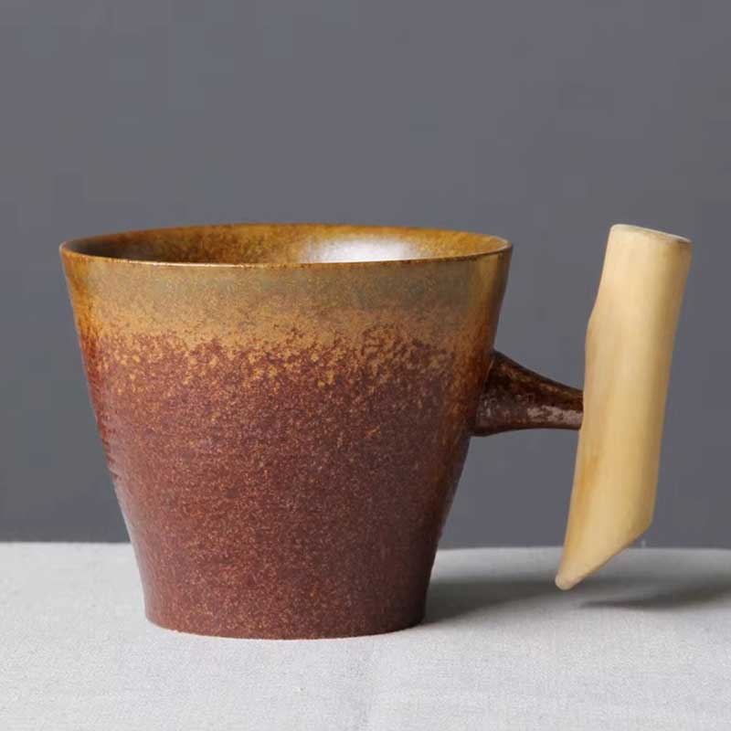 Retro Japanese Ceramic Mug with Wooden Handle – Kiln-Fired Pottery Coffee and Tea Cup