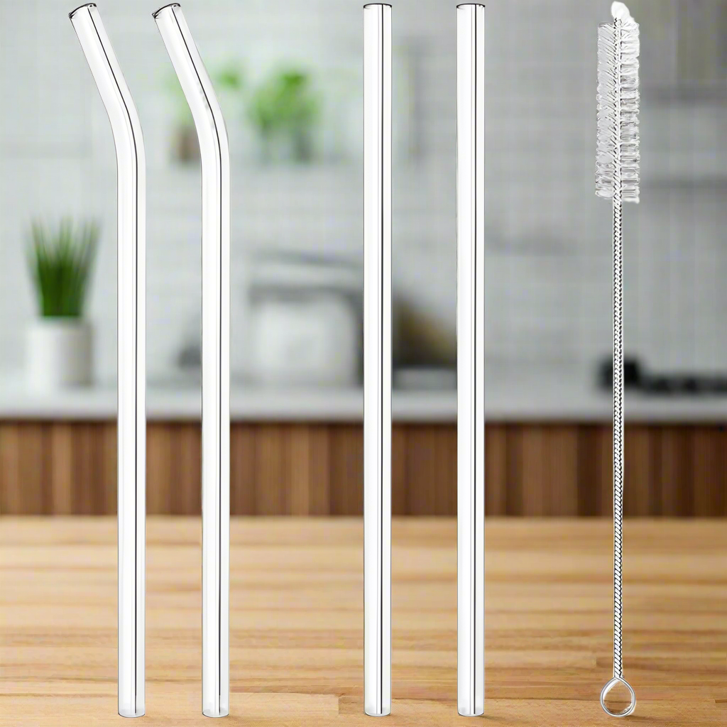 Reusable BPA-Free Straw Set – Straight and Bent Glass Straws with Cleaning Brushes for Tumblers and Boba Cups