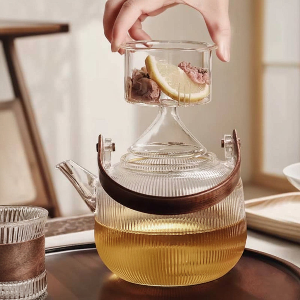 Glass Teapot with Infuser & Wooden Handle – Heat-Resistant Brewing Pot for Tea & Coffee