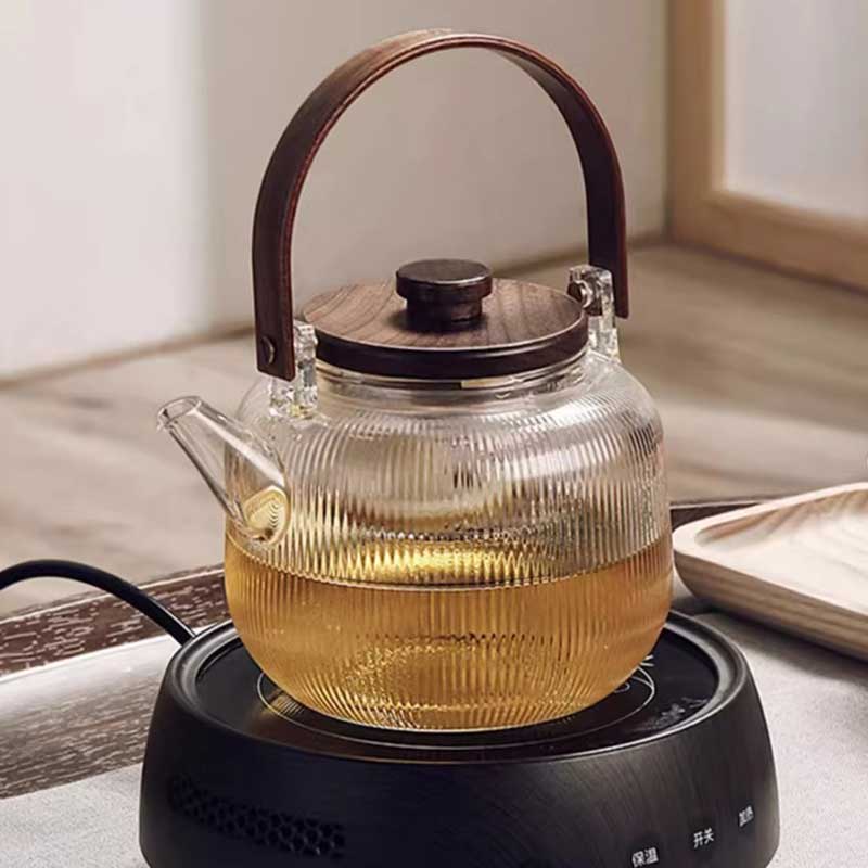 Glass Teapot with Infuser & Wooden Handle – Heat-Resistant Brewing Pot for Tea & Coffee