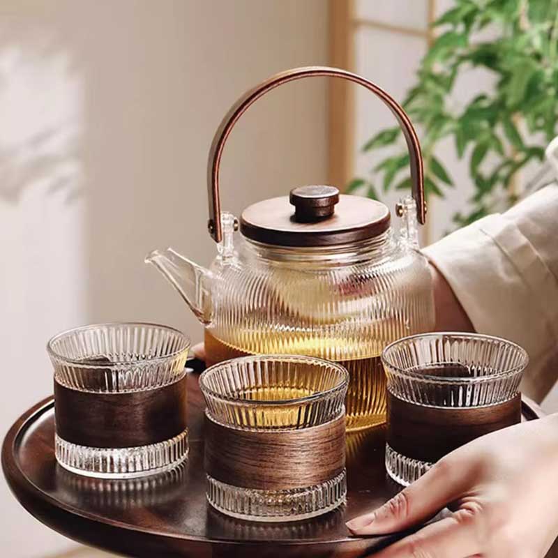 Glass Teapot with Infuser & Wooden Handle – Heat-Resistant Brewing Pot for Tea & Coffee