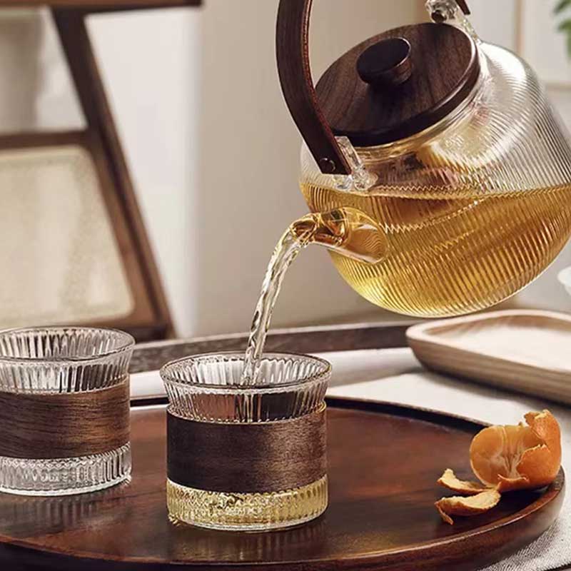 Glass Teapot with Infuser & Wooden Handle – Heat-Resistant Brewing Pot for Tea & Coffee