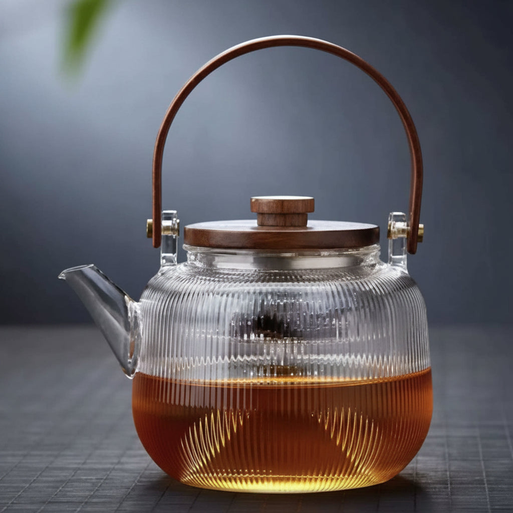 Glass Teapot with Infuser & Wooden Handle – Heat-Resistant Brewing Pot for Tea & Coffee