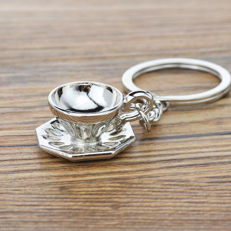 Silver Coffee Cup Keychain – Mini Metal Mug Charm for Coffee Lovers