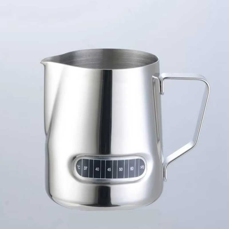 Stainless Steel Milk Frothing Pitcher with Temp Indicator – Durable Milk Jug for Coffee, Latte & Espresso