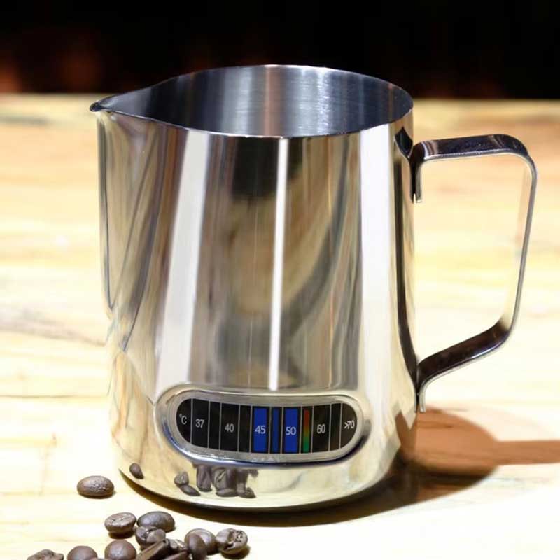 Stainless Steel Milk Frothing Pitcher with Temp Indicator – Durable Milk Jug for Coffee, Latte & Espresso