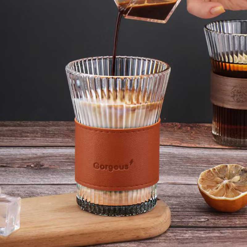 Vertical Pattern Clear Glass Cup with Leather Sleeve – 300ml Whiskey, Coffee & Water Tumbler Mug