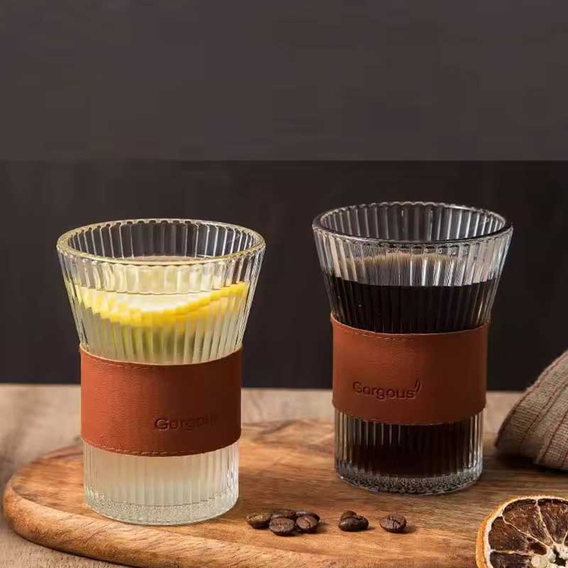 Vertical Pattern Clear Glass Cup with Leather Sleeve – 300ml Whiskey, Coffee & Water Tumbler Mug
