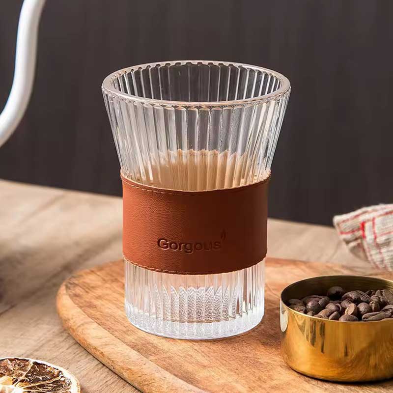 Vertical Pattern Clear Glass Cup with Leather Sleeve – 300ml Whiskey, Coffee & Water Tumbler Mug