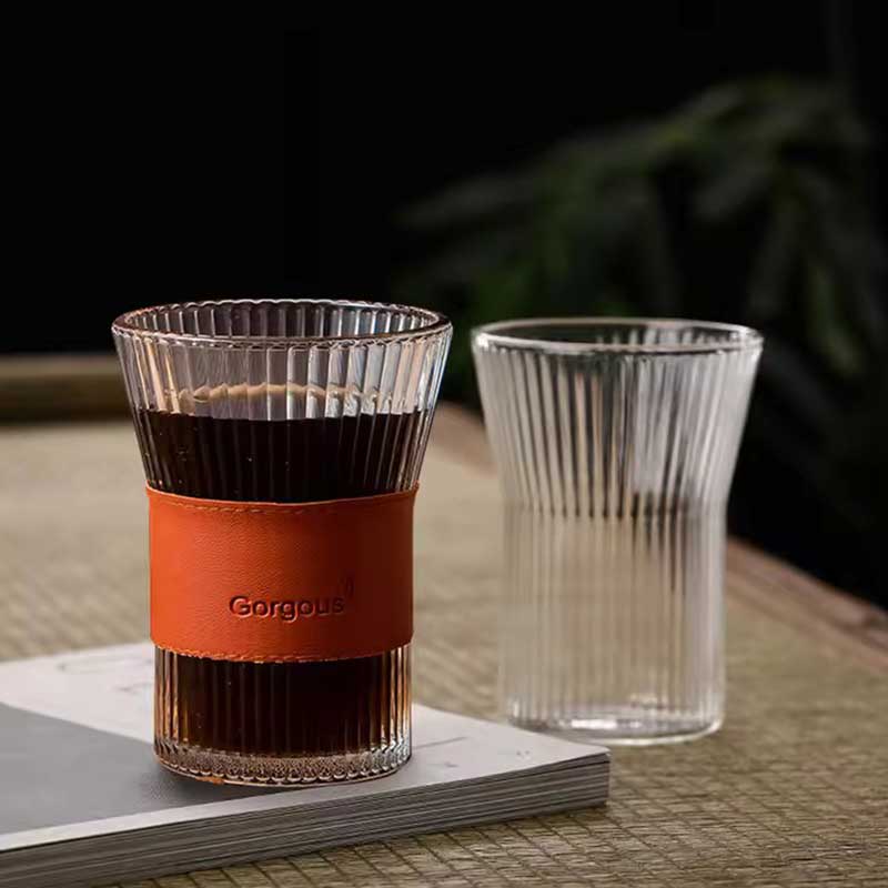 Vertical Pattern Clear Glass Cup with Leather Sleeve – 300ml Whiskey, Coffee & Water Tumbler Mug