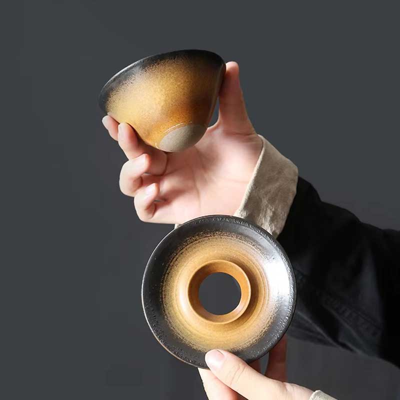 Vintage Kiln Reactive Ceramic Funnel Coffee Latte Cup – Retro Clay Antique Tea Cup with Saucer