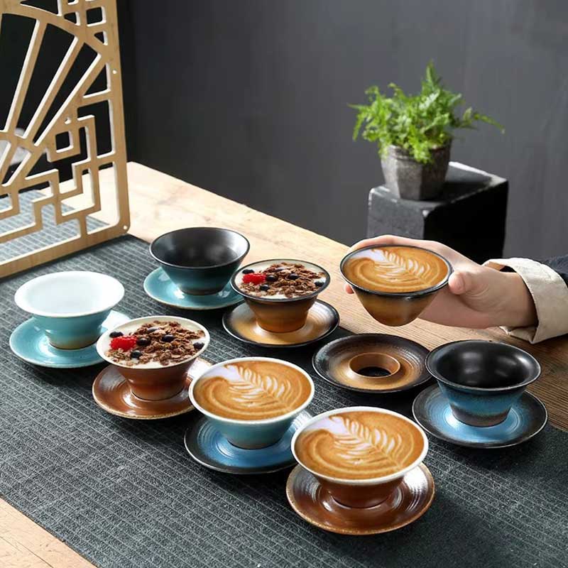 Vintage Kiln Reactive Ceramic Funnel Coffee Latte Cup – Retro Clay Antique Tea Cup with Saucer