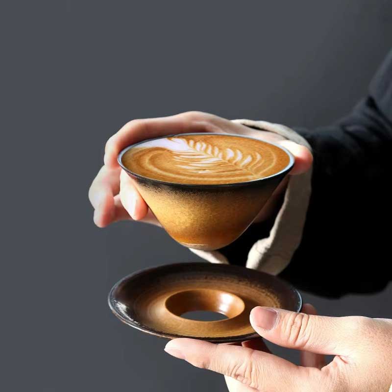 Vintage Kiln Reactive Ceramic Funnel Coffee Latte Cup – Retro Clay Antique Tea Cup with Saucer