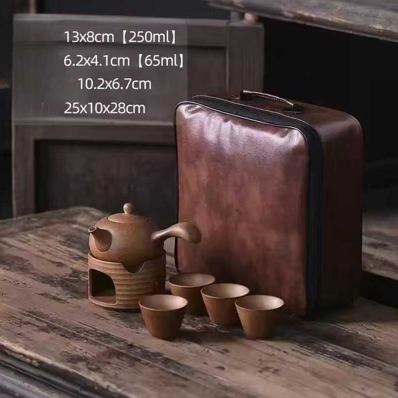 Vintage Stoneware Tea Set with Leather Travel Bag
