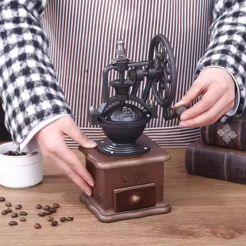 Vintage Manual Coffee Grinder – Portable Wooden Hand Crank Coffee Bean Mill