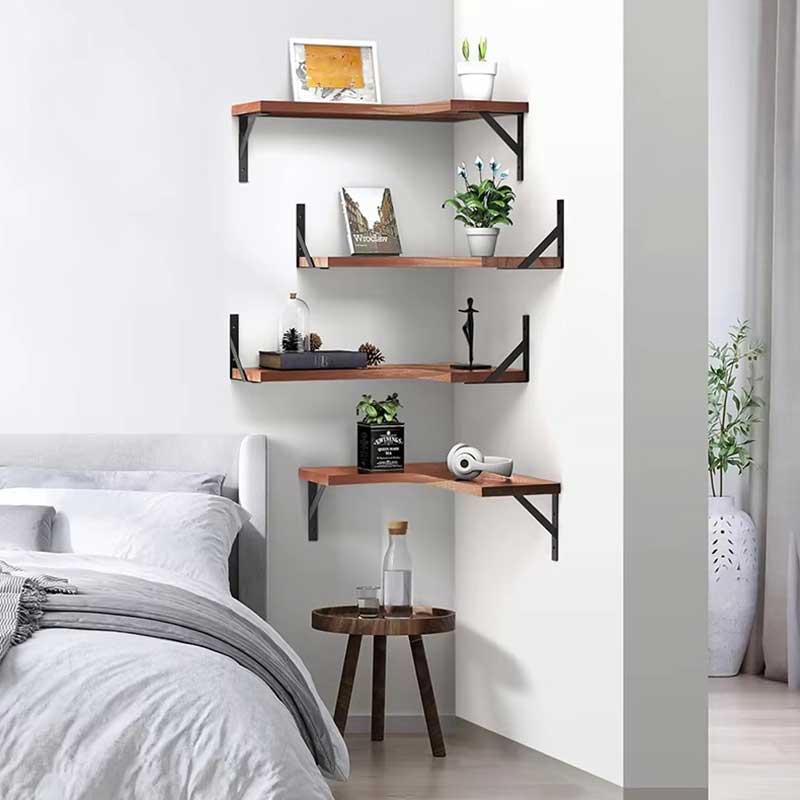 Wooden Floating Corner Wall Shelf with Metal Support Coffee&Co.