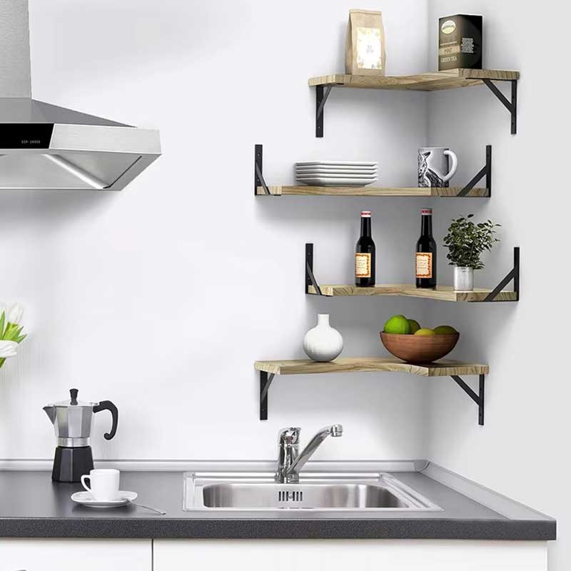 Wooden Floating Corner Wall Shelf with Metal Support Coffee&Co.
