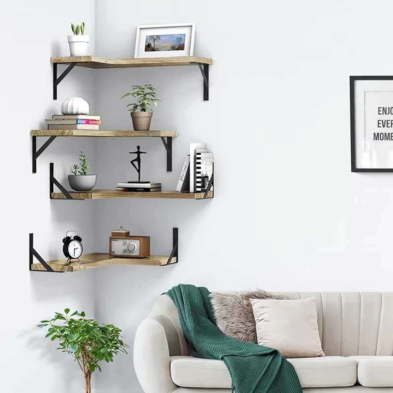 Wooden Floating Corner Wall Shelf with Metal Support Coffee&Co.