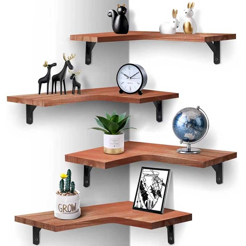 Wooden Floating Corner Wall Shelf with Metal Support Coffee&Co.