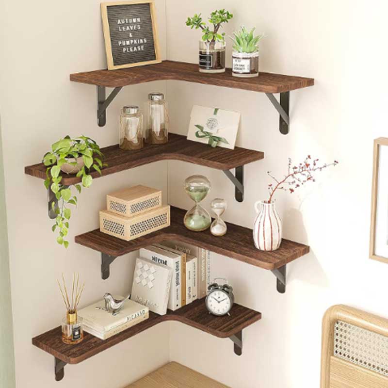 Wooden Floating Corner Wall Shelf with Metal Support Coffee&Co.
