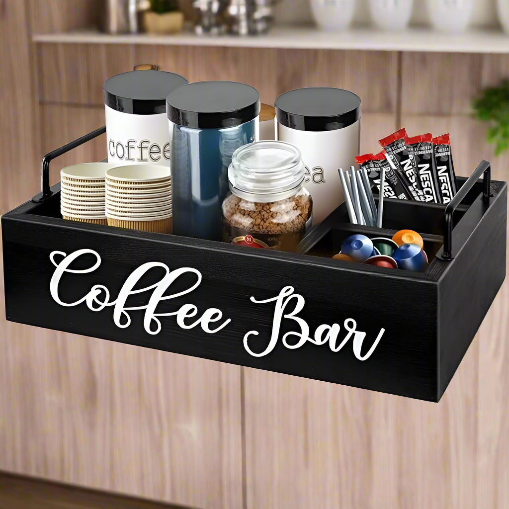 Wooden Coffee Station Organizer – Black Farmhouse Countertop Storage for K-Cups & Coffee Bar Accessories