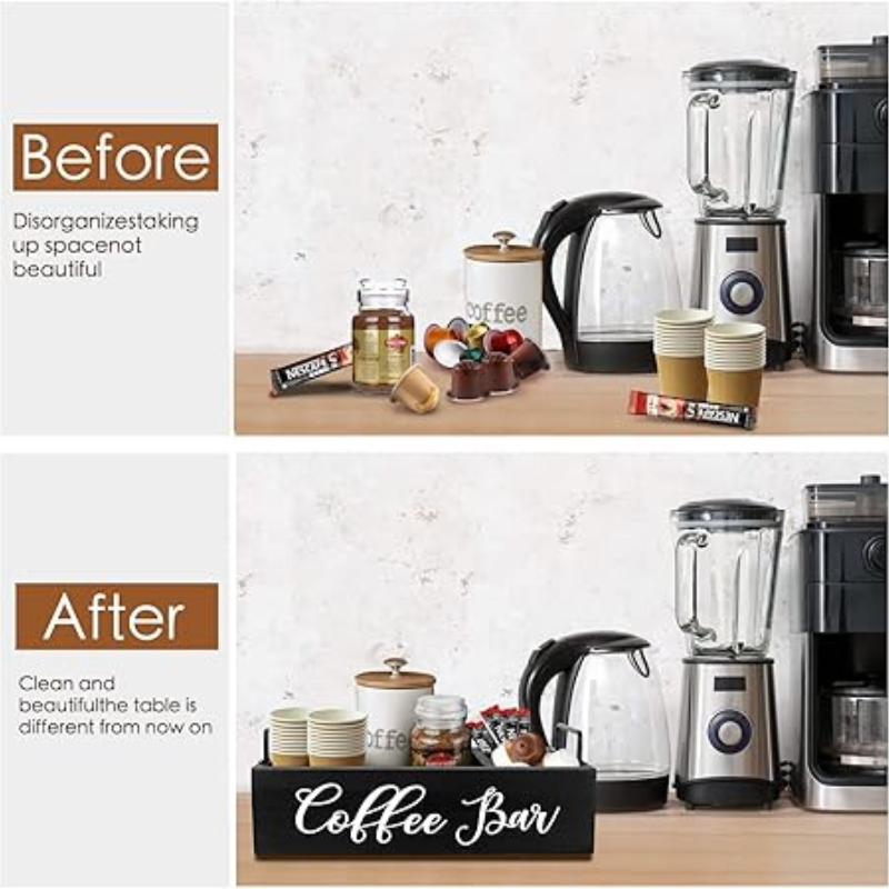 Wooden Coffee Station Organizer – Black Farmhouse Countertop Storage for K-Cups & Coffee Bar Accessories