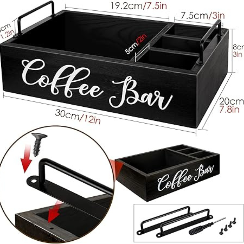 Wooden Coffee Station Organizer – Black Farmhouse Countertop Storage for K-Cups & Coffee Bar Accessories