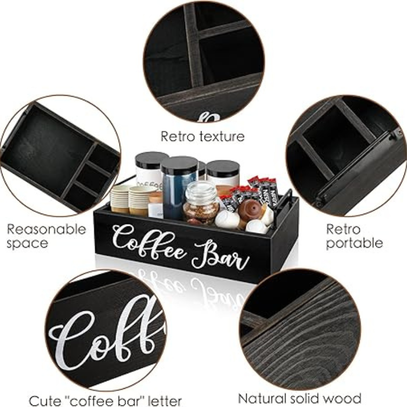 Wooden Coffee Station Organizer – Black Farmhouse Countertop Storage for K-Cups & Coffee Bar Accessories