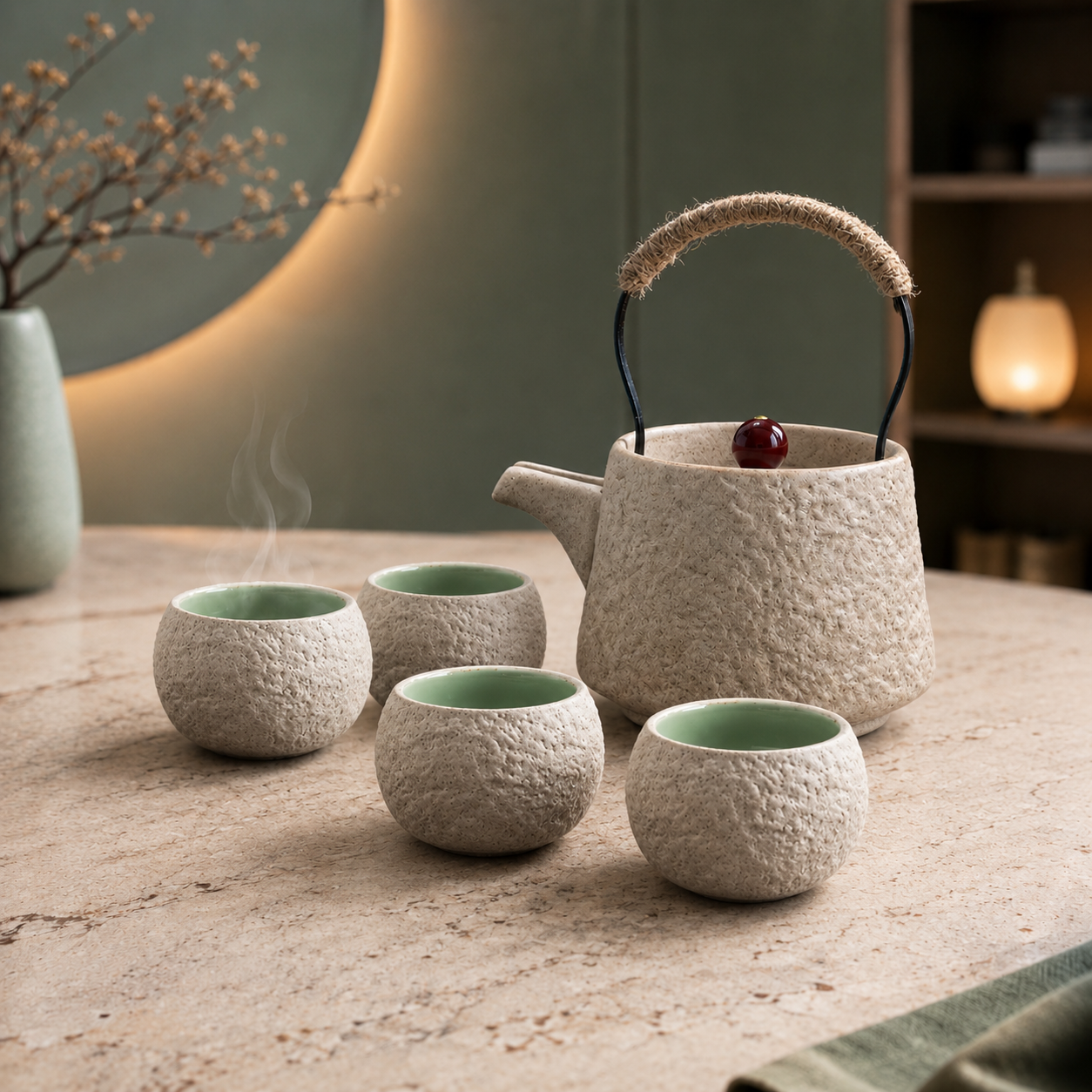 Japanese Handcrafted Stoneware Tea Set - Teapot with 4 Cups