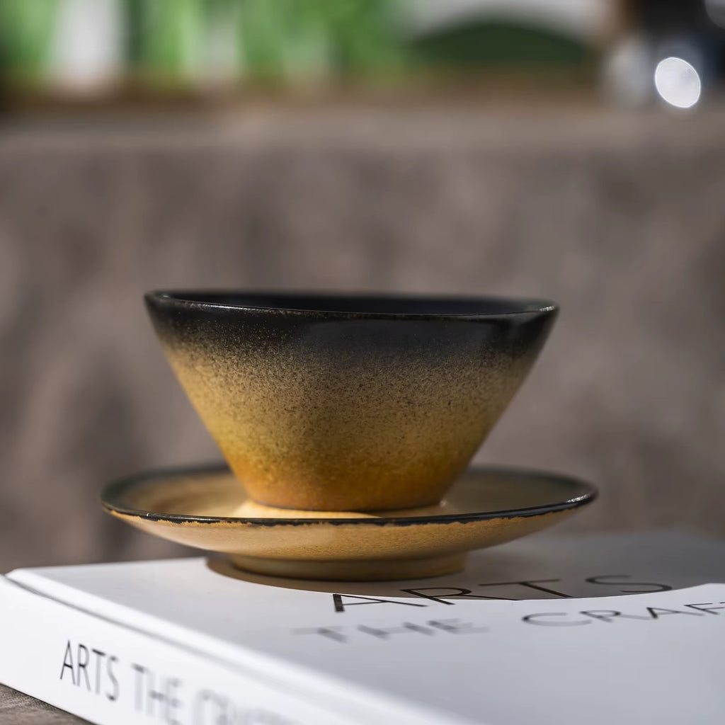 Vintage Kiln Reactive Ceramic Funnel Coffee Latte Cup – Retro Clay Antique Tea Cup with Saucer